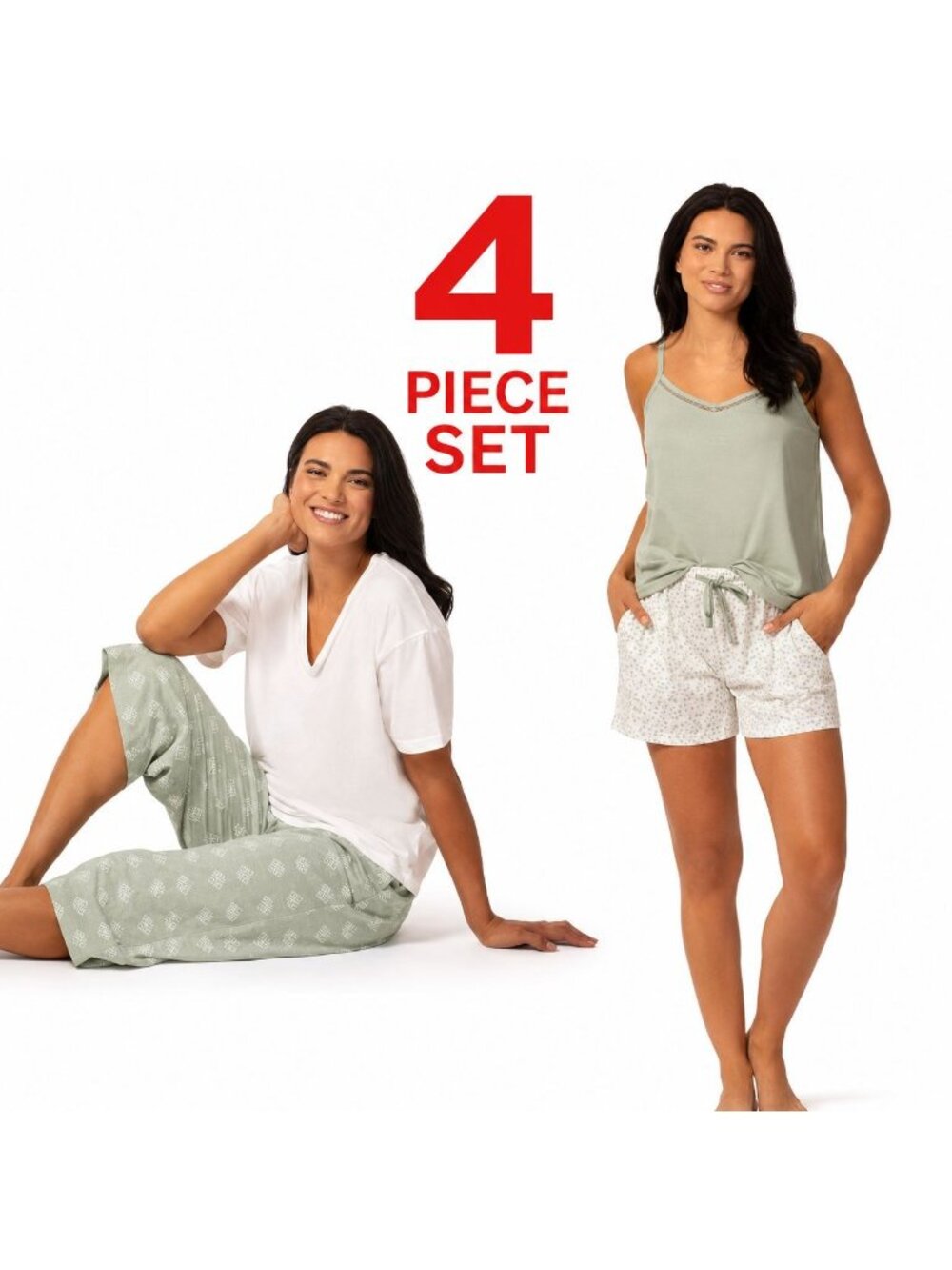 Felina 4-Piece Womens Sleepwear Set Size M Green Leaf Print